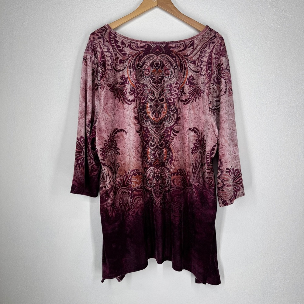 Catherines Boho Paisley Tunic Top Velour Rhinestone Purple Plus 1X Ombre Gypsy - Picture 5 of 6